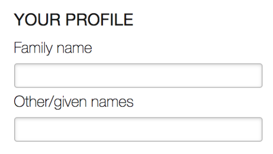 Two form fields for family and given name