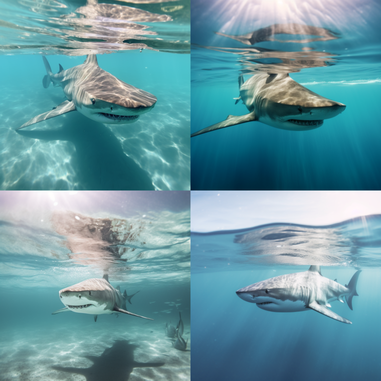 Four images of a shark, generated by Midjourney with a specific prompt, showing better results.