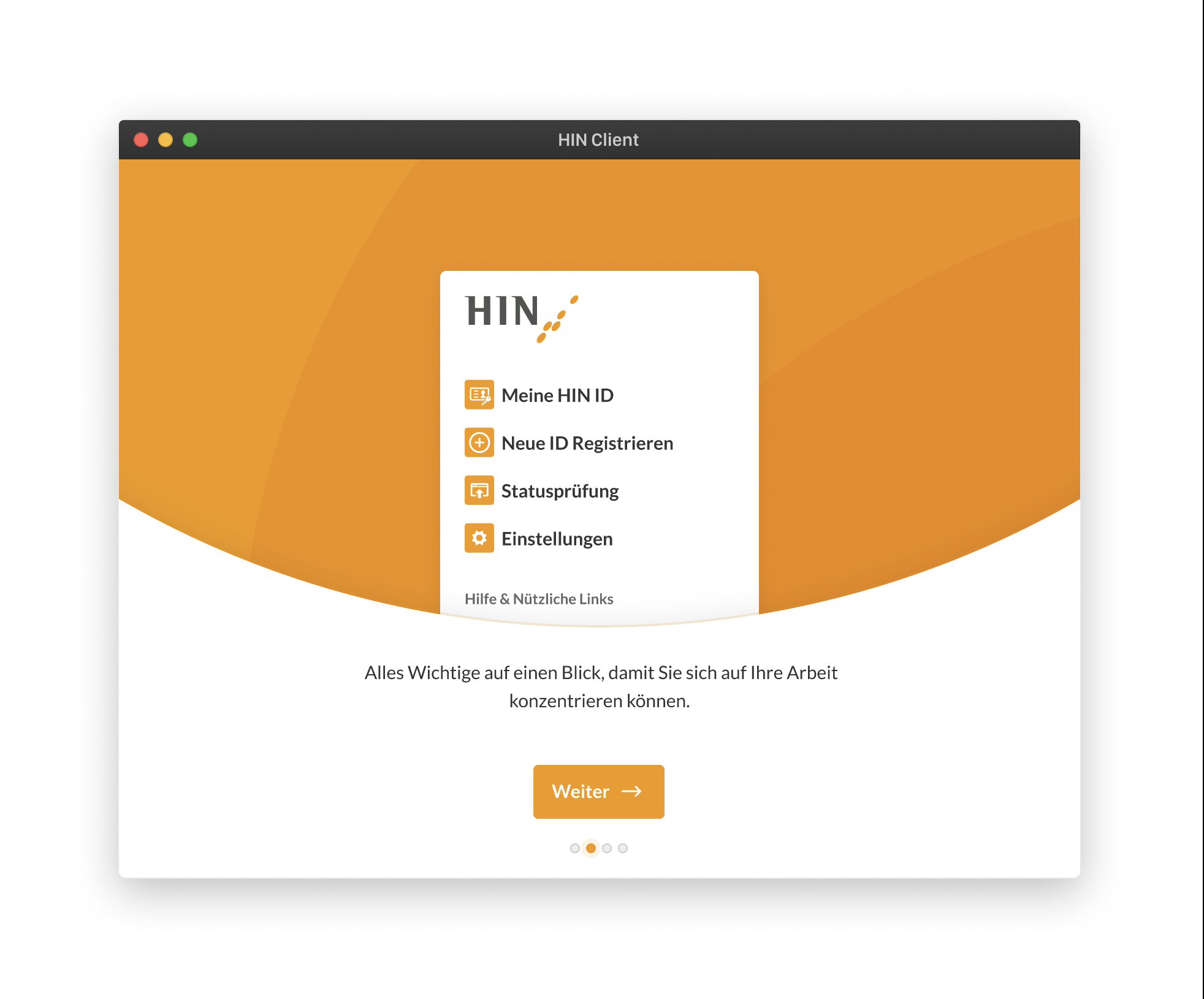 Screenshot of the registration onboarding for the HIN Client